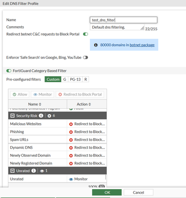 Default action for categories under "Security Risk" is "Redirect to Block Portal"