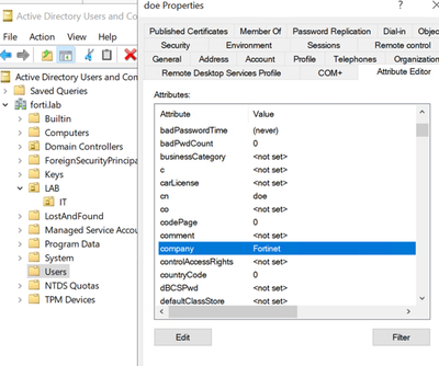 Figure 3. Attribute editor in Active Directory User and Computers