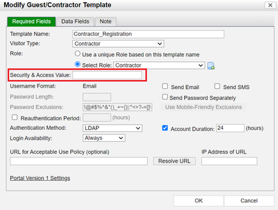 Figure 1. Security Access Value specified in Guest/contractor Template